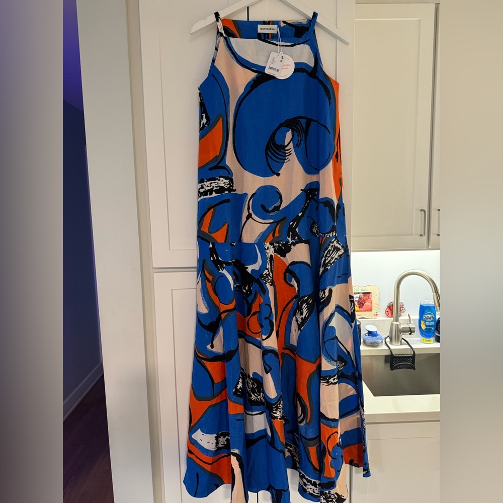 Marimekko Blue and Orange Long Sleeve Mock Neck Sundress